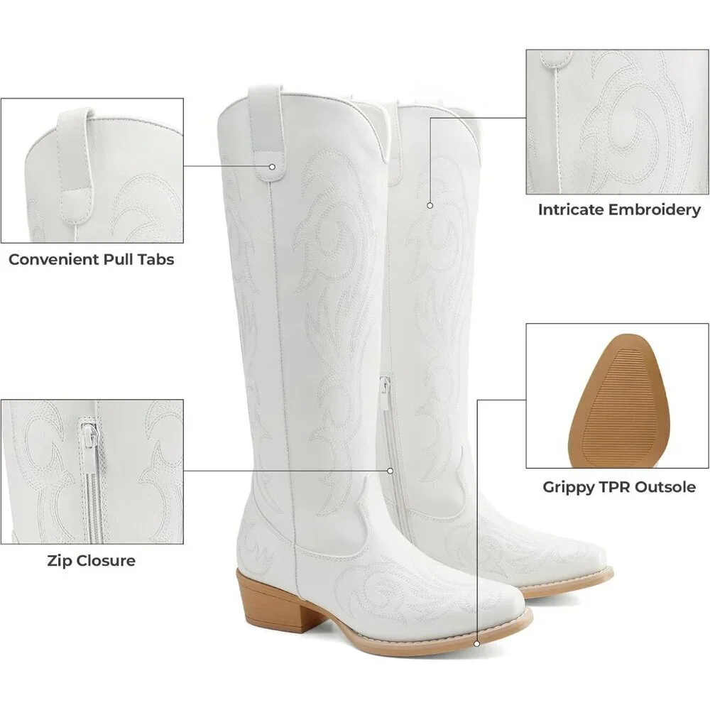 Women Faux Leather White Knee High Chunky Heel Side Zipper Embroidered Boot
